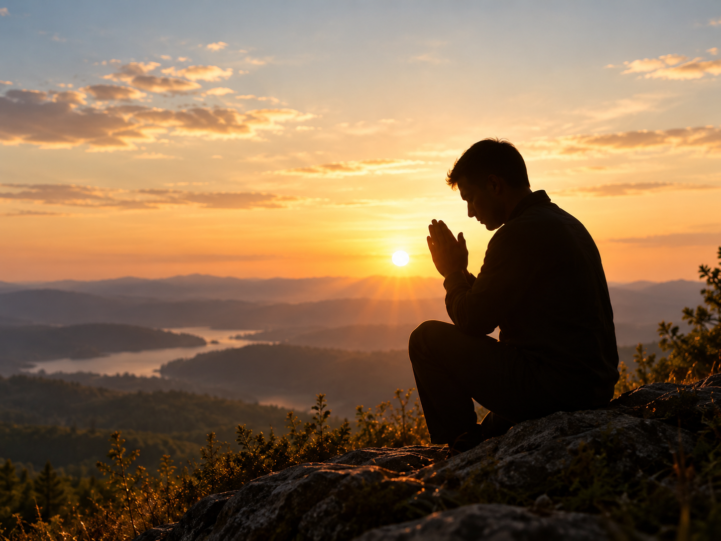 Person praying at sunset