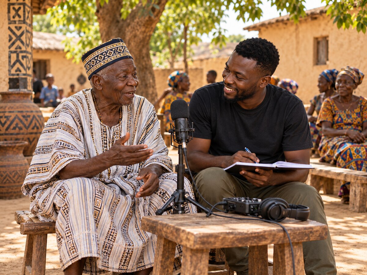 An elder being interviewed and recorded by a young volunteer