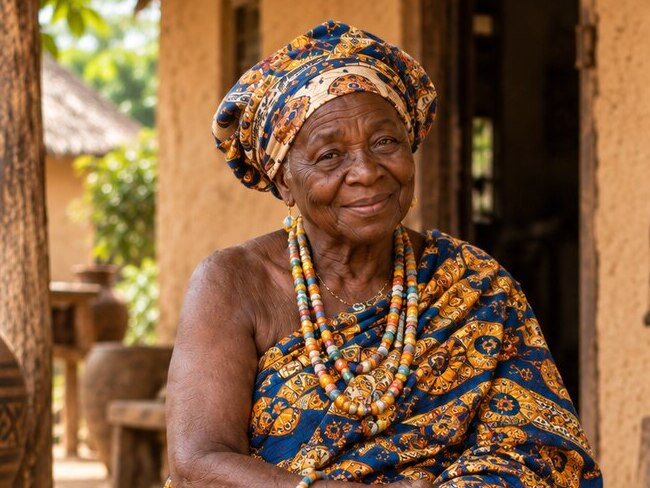 Portrait of Grandma Dade Ayongo, seated elder speaker from Somanya