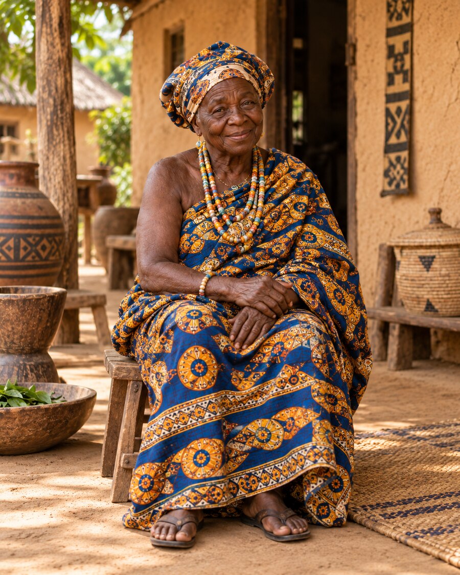 Portrait of Grandma Akosua, seated elder speaker from Somanya