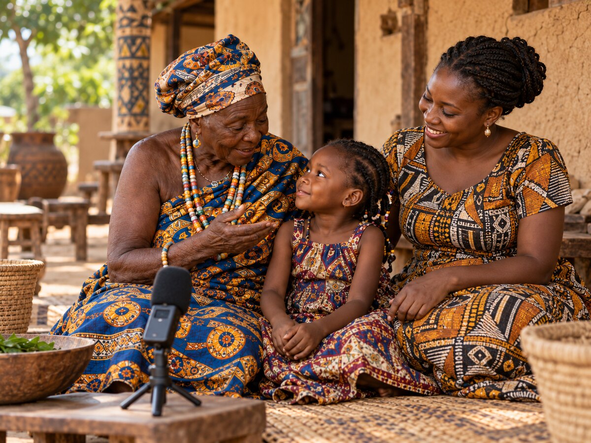 Three generations of a family gathered together for a recording session