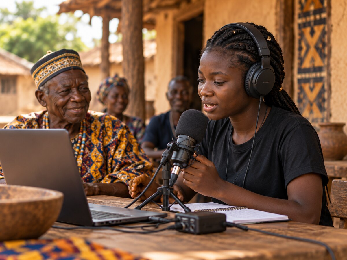 A young woman with headphones recording an elder speaker